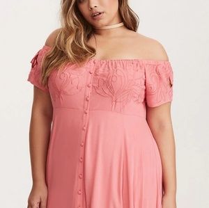 Torrid coral off-shoulder embroidered dress